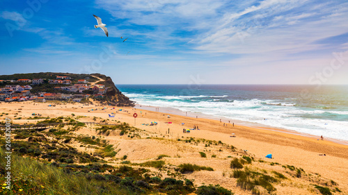 View of the Monte Clerigo beach with flying seagulls on the western coastline of Portugal, Algarve. Stairs to beach Praia Monte Clerigo near Aljezur, Costa Vicentina, Portugal, Europe.