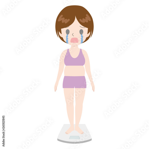 体重計の上で泣く女性