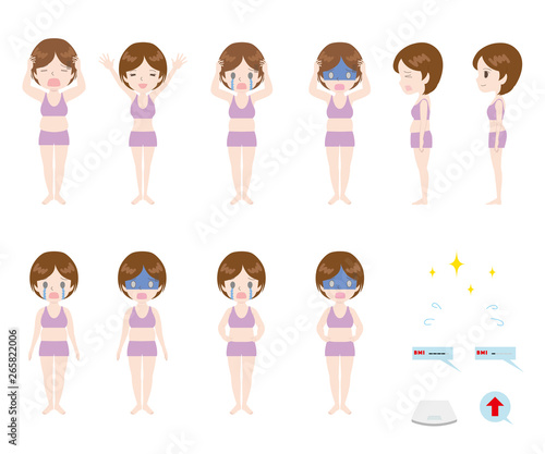 体重計に乗る女性のイラストセット