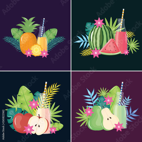 fresh juices fruits in botttle with straws in floral decoration