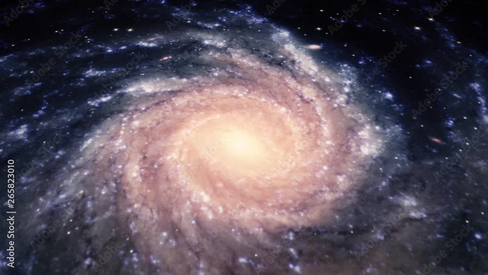 A dreamy interstellar space travel, moving forward through the rotating stars into a spiral galaxy.