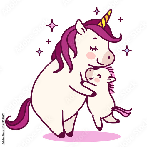 Mother unicorn giving a hug to her baby simple doodle cartoon vector character illustration isolated on white. Love, parenting, Mother's day, happy family, children decor, greeting card design element