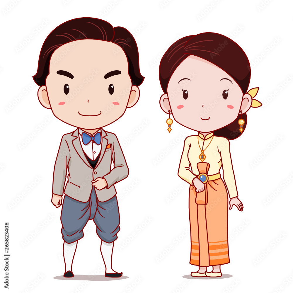 Cute couple of cartoon characters in applied Thai traditional costume. Cute couple of cartoon characters in applied Thai traditional costume.