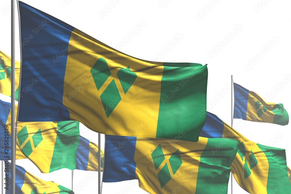pretty any celebration flag 3d illustration. - many Saint Vincent and the Grenadines flags are wave isolated on white
