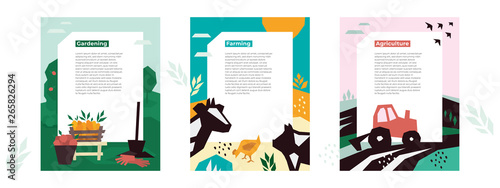 Set of illustration agro, farm and gardening for print design. Garden harvest scene with equipment. Vector illustration of a tractor plows a field. Farm landscape with cow, pig and chicken