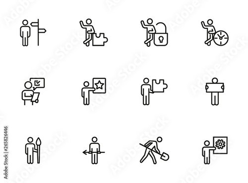 Conceptual figures line icon set. Person, man, clock, spade, gear. Business concept. Can be used for topics like action, role, occupation