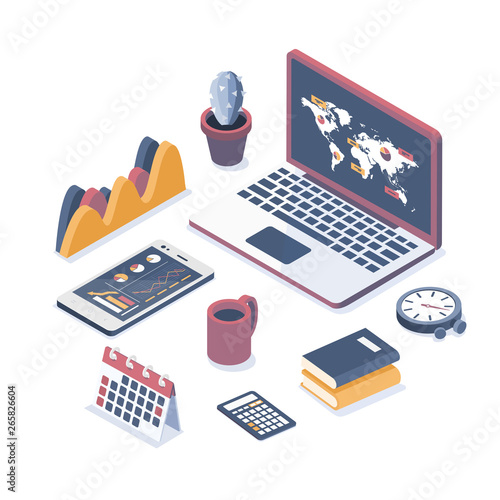 Isometric vector illustration. Laptop with elements of infographics.  Collection of business objects.  