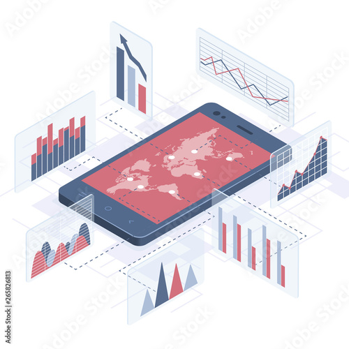 Isometric vector illustration. Smartphone with business infographics. The concept of analyzing statistics, collecting data through a mobile application.
