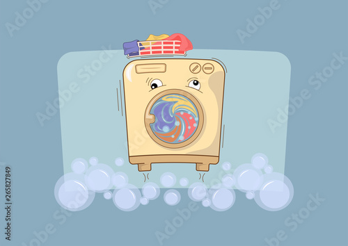 Cute and funny illustration with working washer machine on a background of a soap bubbles