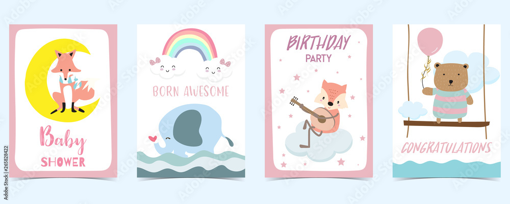 Obraz premium pastel card with bear,fox,elephant