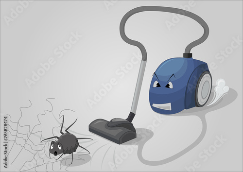 Evil vacuum cleaner is chasing a scared spider