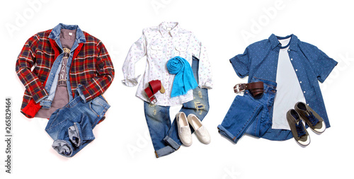Men's and women's casual clothes and accessories. Shirt, t-shirt, jeans, shoes isolated on white background