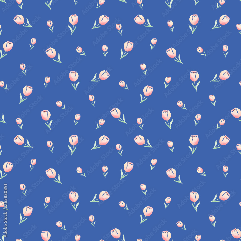 Seamless watercolor pattern with tulips on a blue background Seamless watercolor pattern with tulips on a blue background