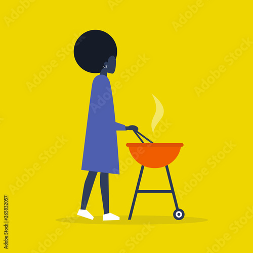 Young black female character cooking dinner on the BBQ. Outdoor leisure. Barbecue. Flat editable vector illustration, clip art