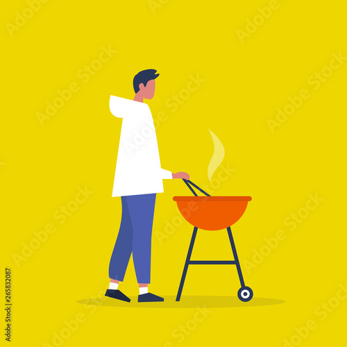 Young male character cooking dinner on the bbq