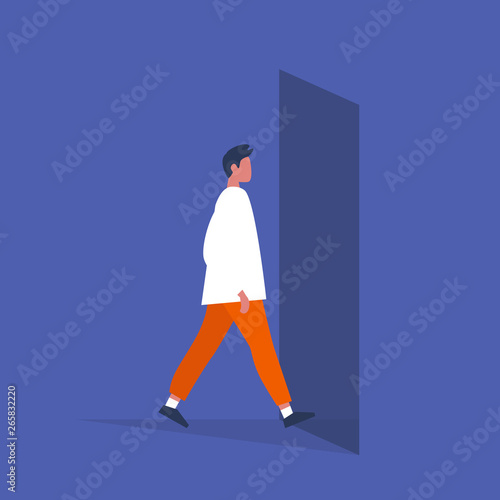 Young male character walking through a doorway. Daily life. Flat editable vector illustration, clip art