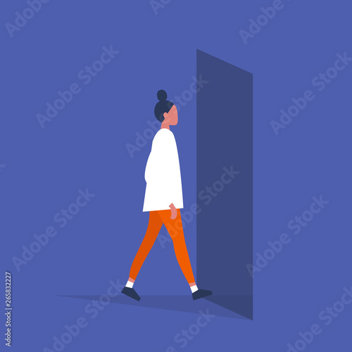 Young female character walking through a doorway. Daily life. Flat editable vector illustration, clip art