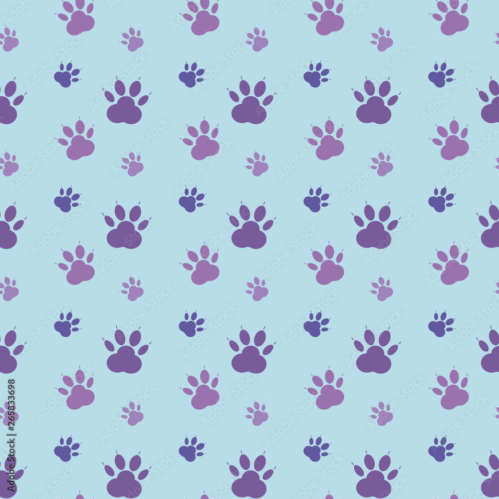 Paw pattern. Abstract backdrop. Silhouettes of paw, cat's feet, dog's footprint. Purple paws on a blue background. Seamless wallpaper.
