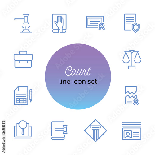 Court line icon set. Gavel, oath, scale. Law concept. Can be used for topics like courthouse, trial, crime