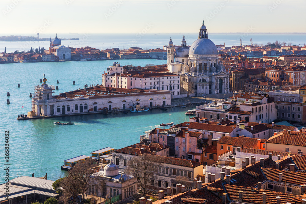 Aerial View of the Grand Canal and Basilica Santa Maria della Salute, Venice, Italy. Venice is a popular tourist destination of Europe. Venice, Italy.