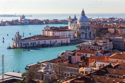 Aerial View of the Grand Canal and Basilica Santa Maria della Salute, Venice, Italy. Venice is a popular tourist destination of Europe. Venice, Italy. © daliu