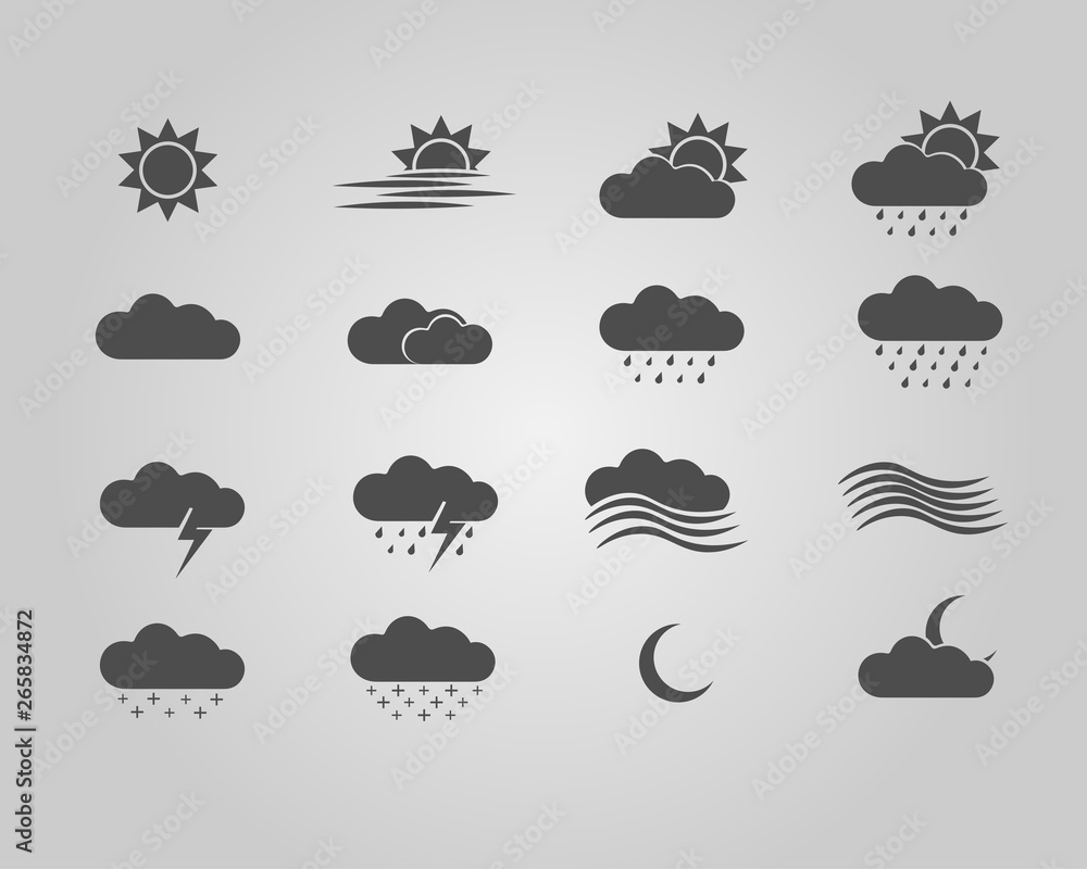 Set of weather icons. Black icons isolated on white background. Vector illustration. Set of weather icons. Black icons isolated on white background. Vector illustration.