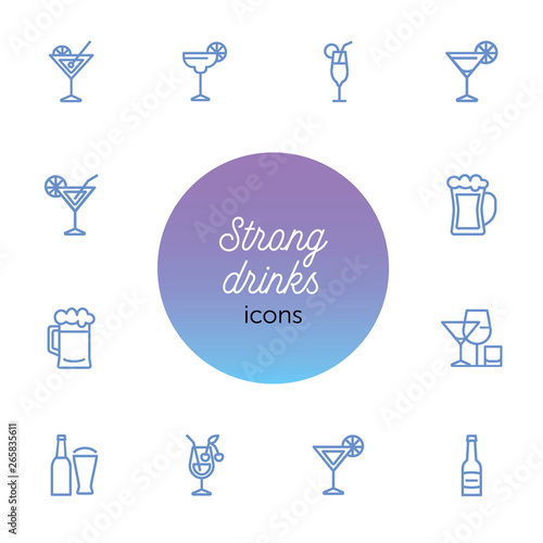 Strong drinks icons. Set of line icons on white background. Beer bottle, martini, margarita cocktail. Alcohol concept. Vector illustration can be used for topic like drinks, bar, menu