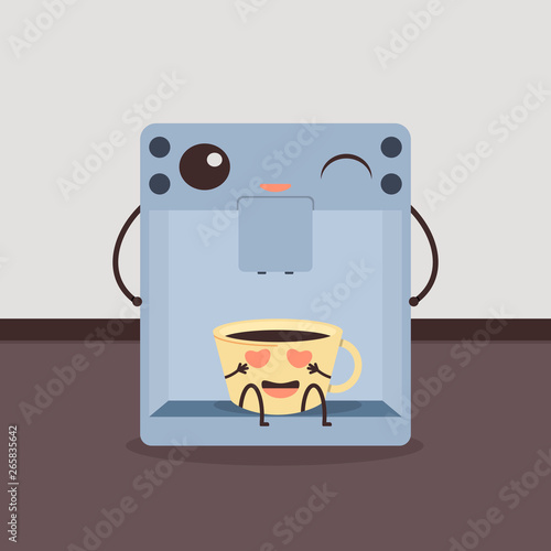 Design with cup of coffee and coffee machine character. Funny cartoon vector illustration for children
