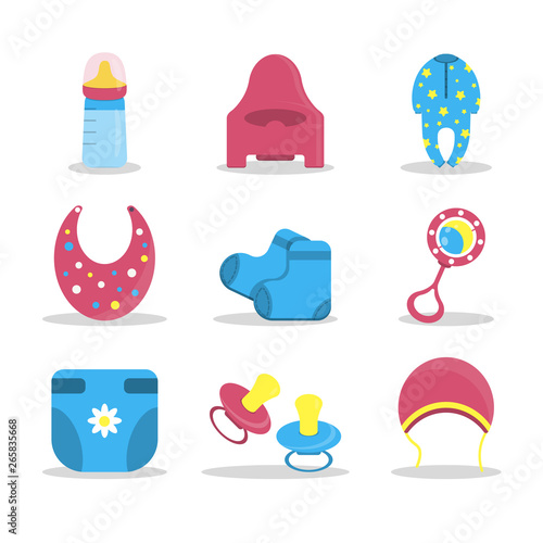 Cartoon baby clothes for textile design. Happy childhood. Vector cartoon. Print, design element. Set of Nipples, Toy, Bib, Romper, Pot, Bottle of Milk, Little Cap, Booties