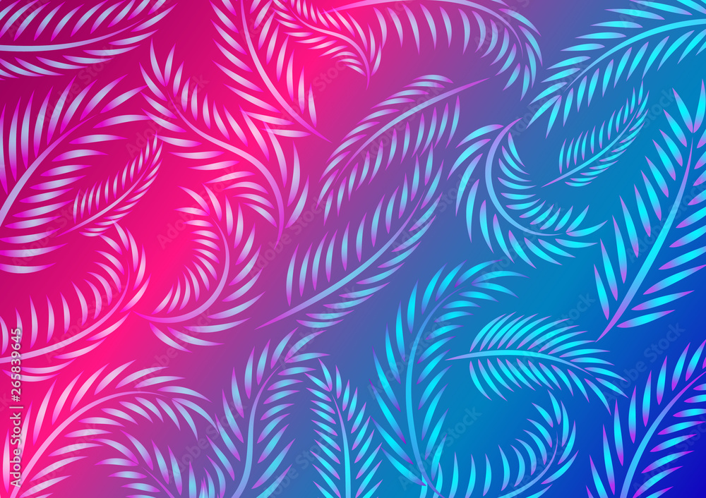 Leaf pattern with neon purple and blue background. vector illustration