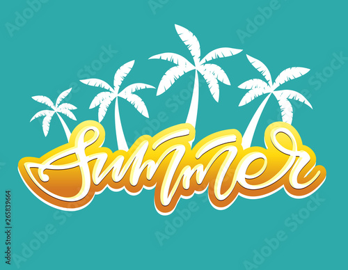 Summer Party Vibes - hand drawn doodle lettering label with palm tree