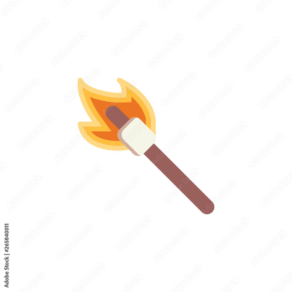 Marshmallow on a wooden stick roasting on fire flat icon, vector sign, Marshmallow barbecue colorful pictogram isolated on white. Symbol, logo illustration. Flat style design Marshmallow on a wooden stick roasting on fire flat icon, vector sign, Marshmallow barbecue colorful pictogram isolated on white. Symbol, logo illustration. Flat style design