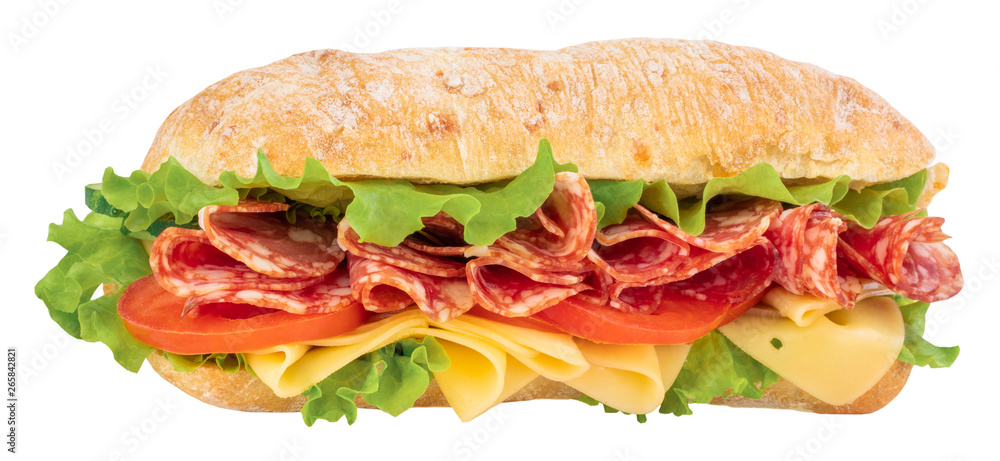 Ciabatta sandwich with lettuce, tomatoes prosciutto and cheese isolated on white background