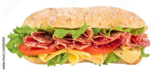 Ciabatta sandwich with lettuce, tomatoes prosciutto and cheese isolated on white background