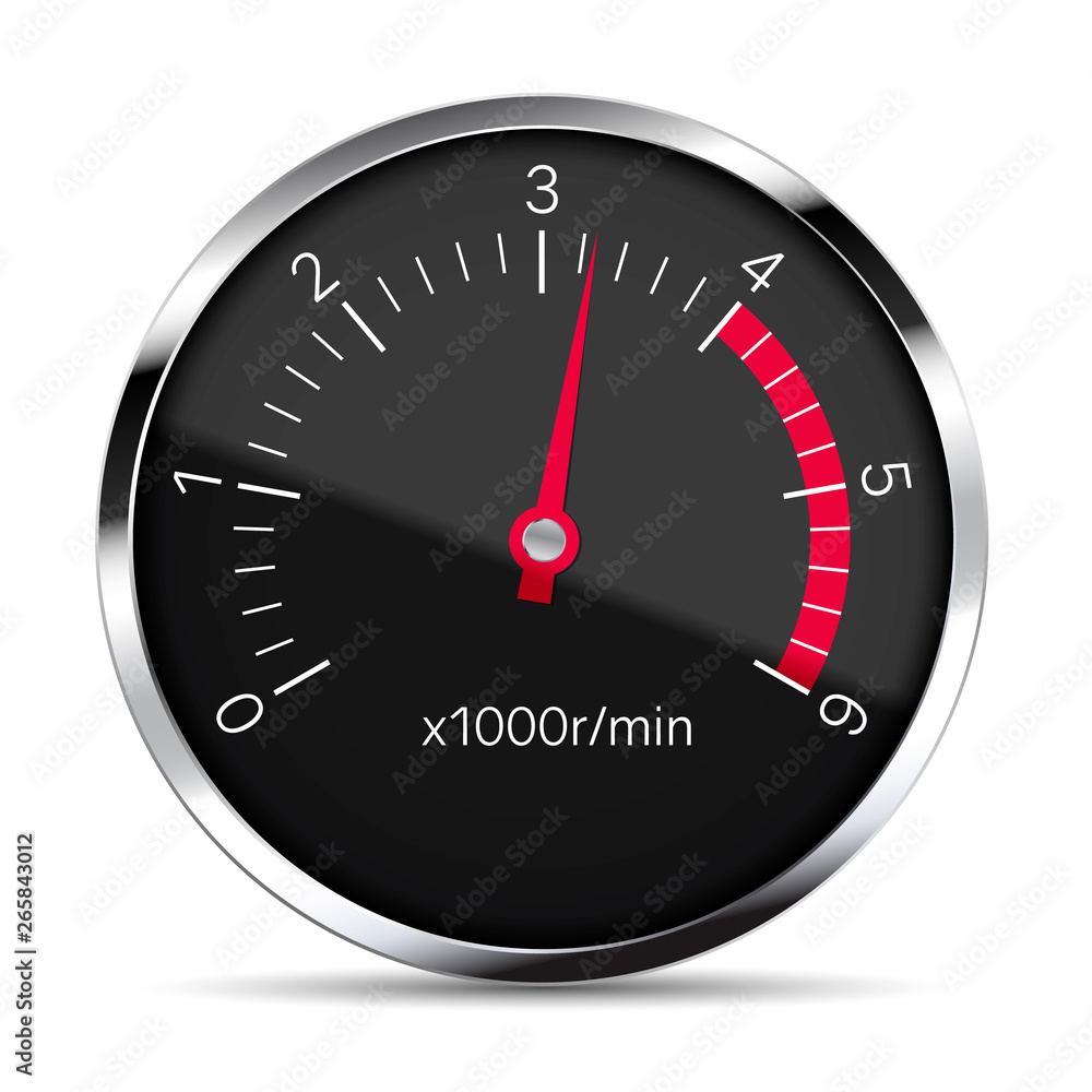 Realistic illustration of a black tachometer with metal trim with glare and red pointer. Isolated on white background, vector Realistic illustration of a black tachometer with metal trim with glare and red pointer. Isolated on white background, vector