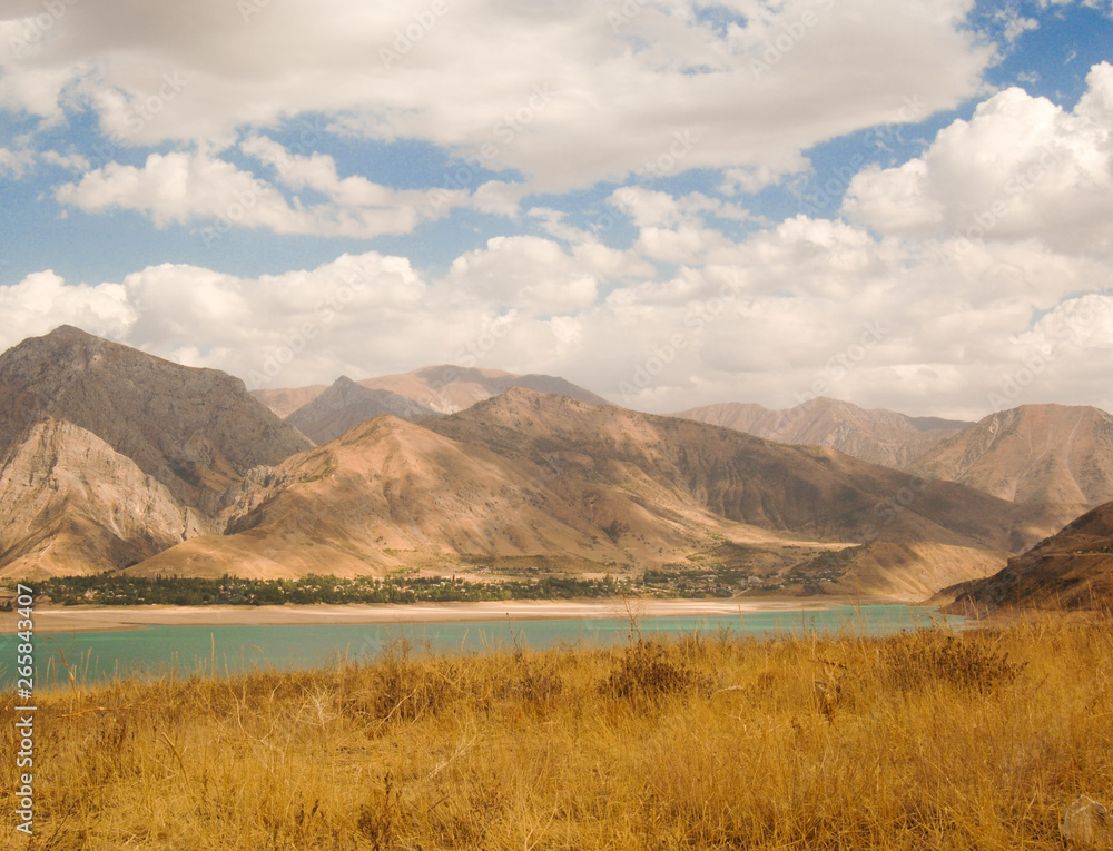 landscape with lake and mountain views. Uzbekistan, Charvak reservoir. Nature of Central Asia