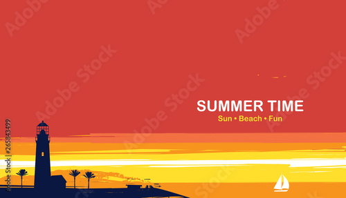 Vector travel banner with tropical seascape and words Summer time. Silhouettes of lighthouse, palm trees and white sailboat in the sea at sunset or sunrise. Summer poster, flyer, invitation or card