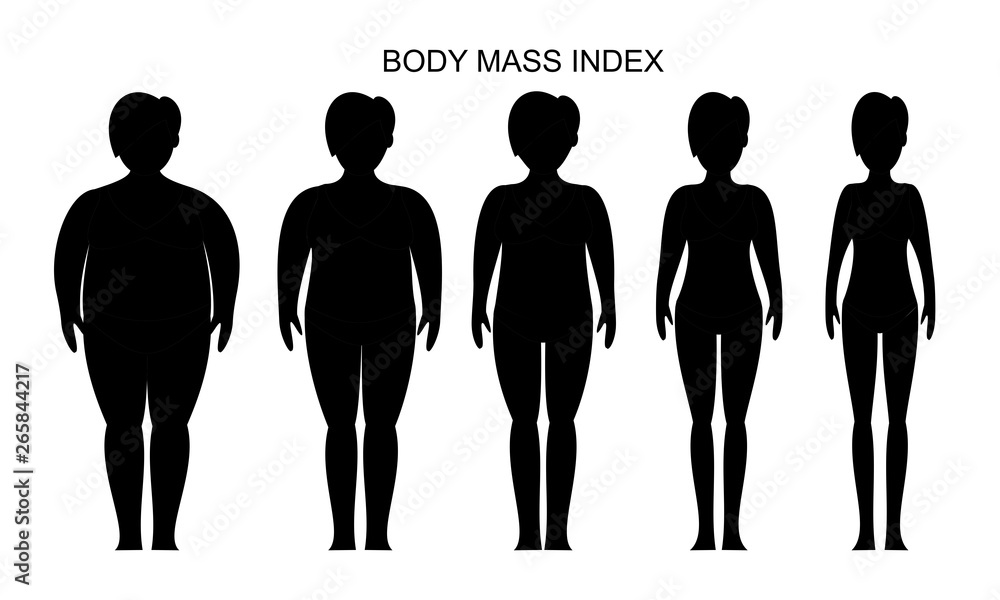 Black and white vector illustration of woman silhouettes. Womens with different weight from normal to extremely obese. Weight loss concept. Body mass index. Black and white vector illustration of woman silhouettes. Womens with different weight from normal to extremely obese. Weight loss concept. Body mass index.