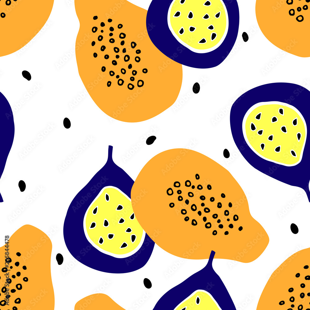Seamless pattern with papaya and passion fruits in simple flat design.Cut tropical fruit with seed.