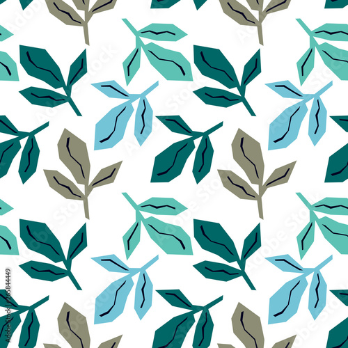 Seamless pattern with grey, turquoise and blue leaves. Bright tropical background.