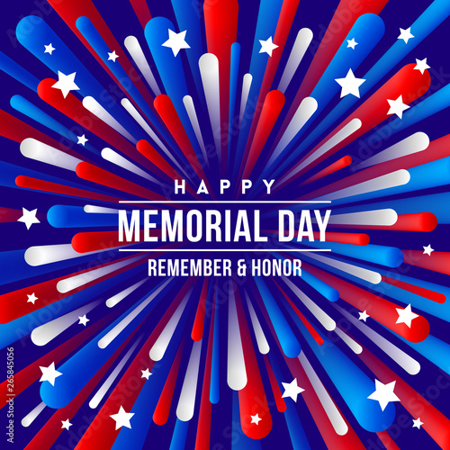 Memorial day - greeting design with USA patriotic colors firework burst rays. Vector illustration.