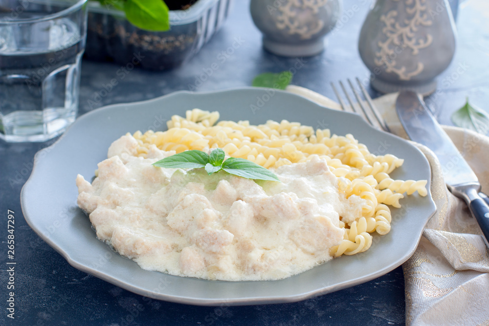 Fricassee, chicken meat in a creamy sauce, with pasta, horizontal Fricassee, chicken meat in a creamy sauce, with pasta, horizontal