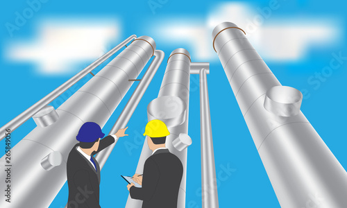 Industrial plant manager and contractor looking up to supervise project of oil refinery tower. Oil and gas industry