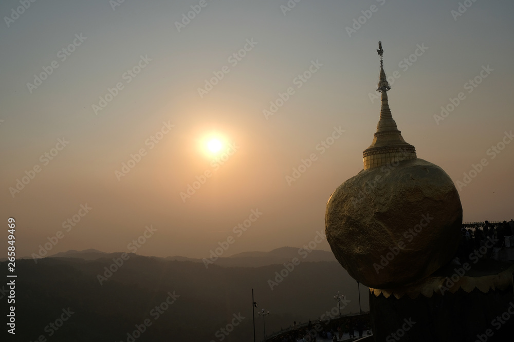 The Golden Rock at Kyaiktiyo at sunset, Myanmar.