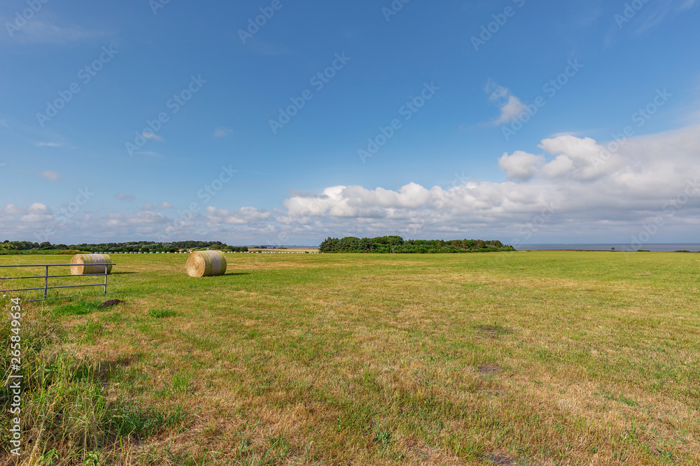 View to harvested Hay Bale with View to the Waddensea at Sylt Braderup/ Germany
