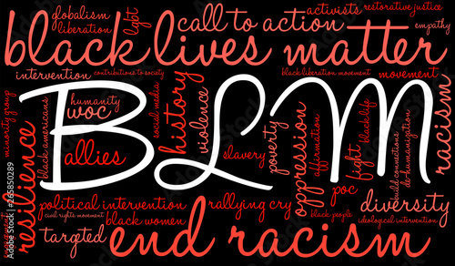 BLM word cloud on a black background. 