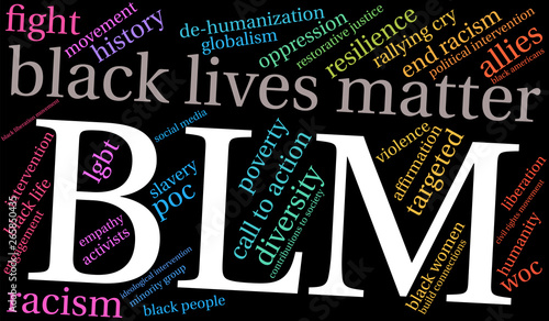BLM Word Cloud on a black background. 