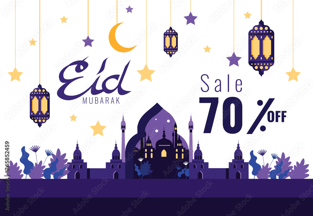 Eid sale banner, poster. mosque on background with hanging lanterns and stars. Template design usable for print or web, banner and poster.Design for Islamic Festival celebration