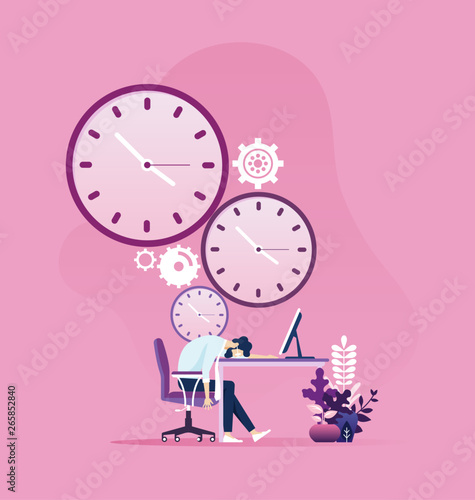 Tired businessman sleeping on a table with clock in the background