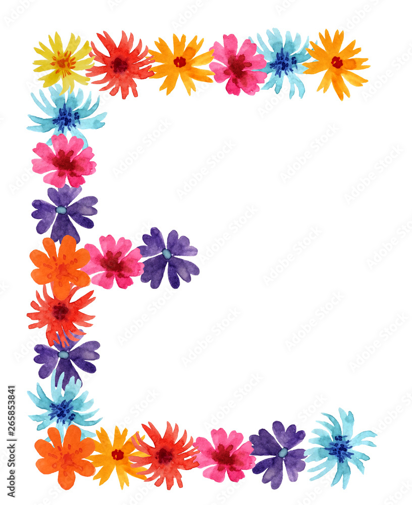 Obraz premium Watercolor letter E of a wildflowers. best monogram for design